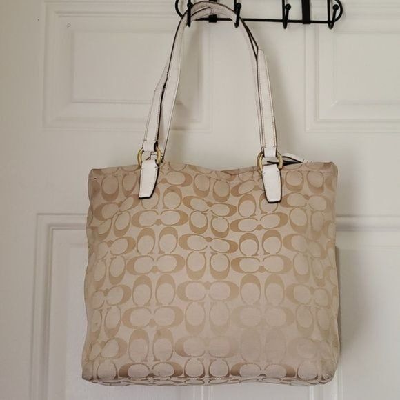 12CM COACH SHOULDER TOTE BAG KHAKI IVORY SIGNATURE JACQUARD HANDBAG PURSE WOMENS - Picture 6 of 13